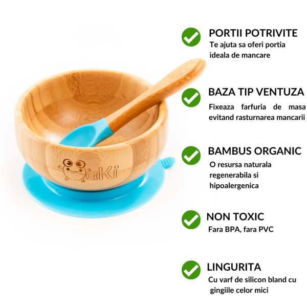 castron-albastru-list.png Diverzifikációs készlet gyerekeknek - Oaki bambusz tál és elefánt tányér kanállal, Kék